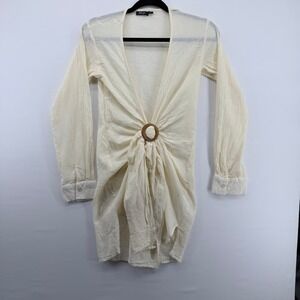 Nasty Gal Cream Textured O-Ring Tunic Blouse Long Sleeve V-Neck‎ Small Boho